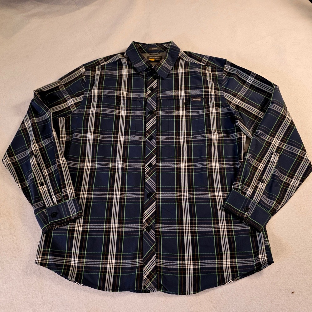 Eddie Bauer Mens Large Classic Fit Plaid Button Up Shirt Navy Blue Green L/S
